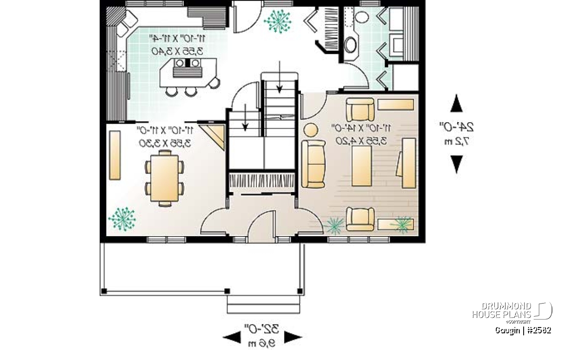 1st level - Country cottage home plan with 3 bedrooms, 2.5 baths, formal dining and living room, laundry room - Gaugin