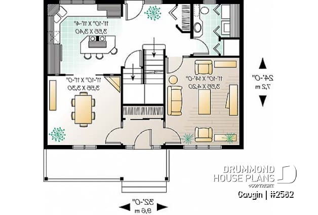 1st level - Country cottage home plan with 3 bedrooms, 2.5 baths, formal dining and living room, laundry room - Gaugin