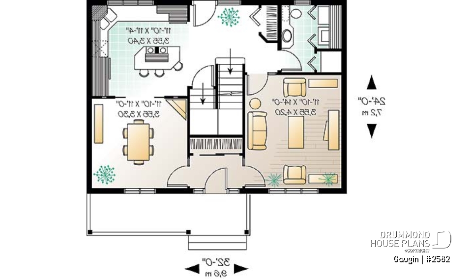 1st level - Country cottage home plan with 3 bedrooms, 2.5 baths, formal dining and living room, laundry room - Gaugin
