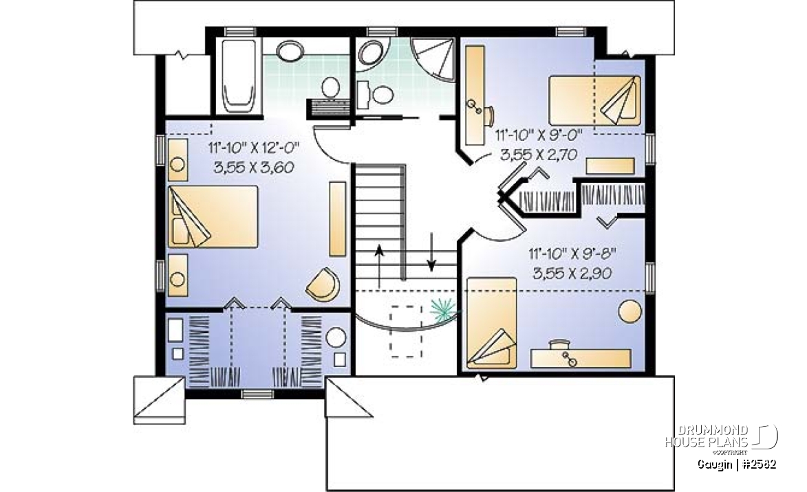 2nd level - Country cottage home plan with 3 bedrooms, 2.5 baths, formal dining and living room, laundry room - Gaugin
