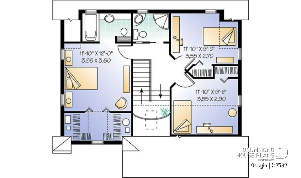 2nd level - Country cottage home plan with 3 bedrooms, 2.5 baths, formal dining and living room, laundry room - Gaugin
