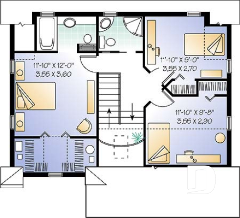 2nd level - Country cottage home plan with 3 bedrooms, 2.5 baths, formal dining and living room, laundry room - Gaugin