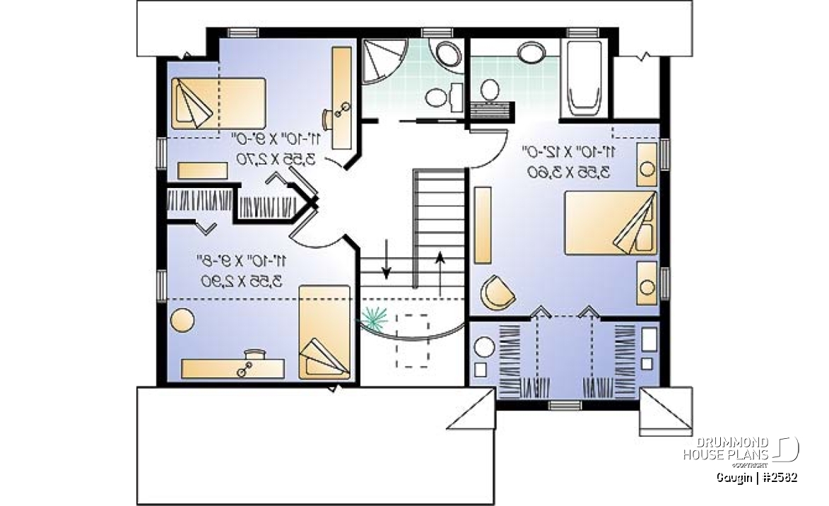 2nd level - Country cottage home plan with 3 bedrooms, 2.5 baths, formal dining and living room, laundry room - Gaugin