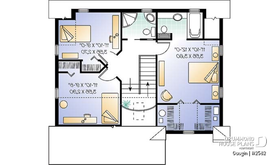 2nd level - Country cottage home plan with 3 bedrooms, 2.5 baths, formal dining and living room, laundry room - Gaugin