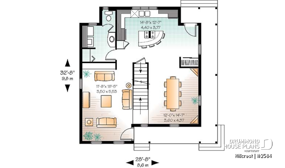 1st level - Farmhouse home plan, 3 beds, 2.5 baths, wraparound porch and low cost to build - Hillcrest