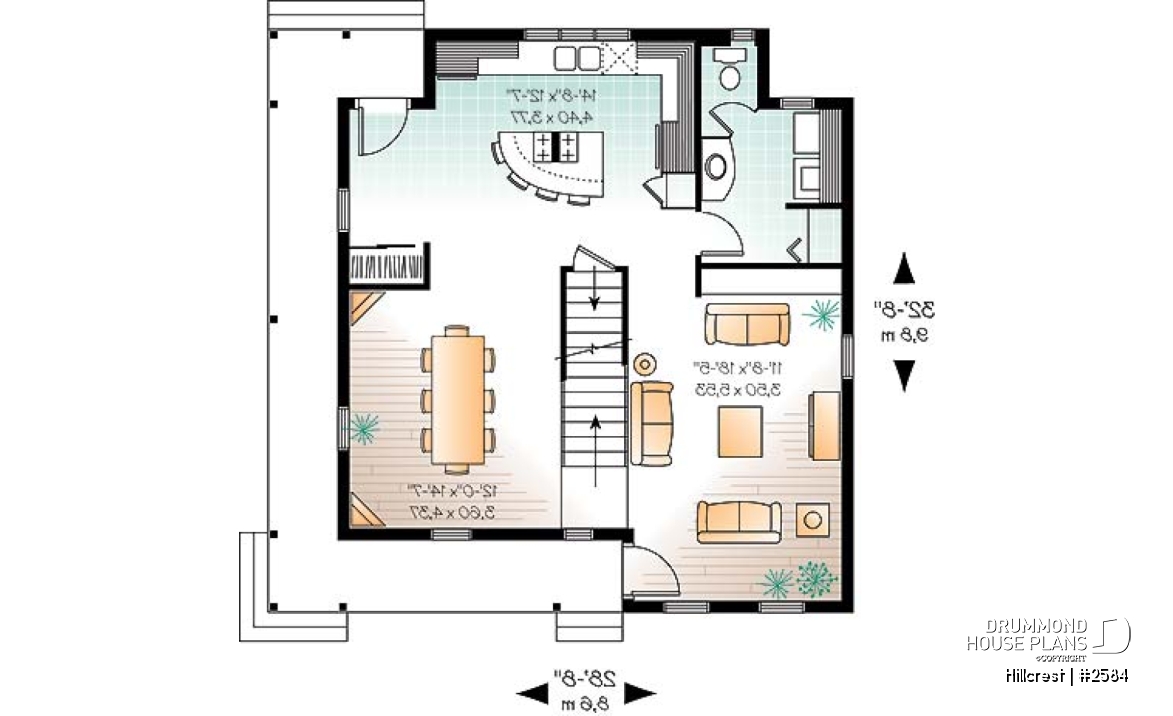 1st level - Farmhouse home plan, 3 beds, 2.5 baths, wraparound porch and low cost to build - Hillcrest