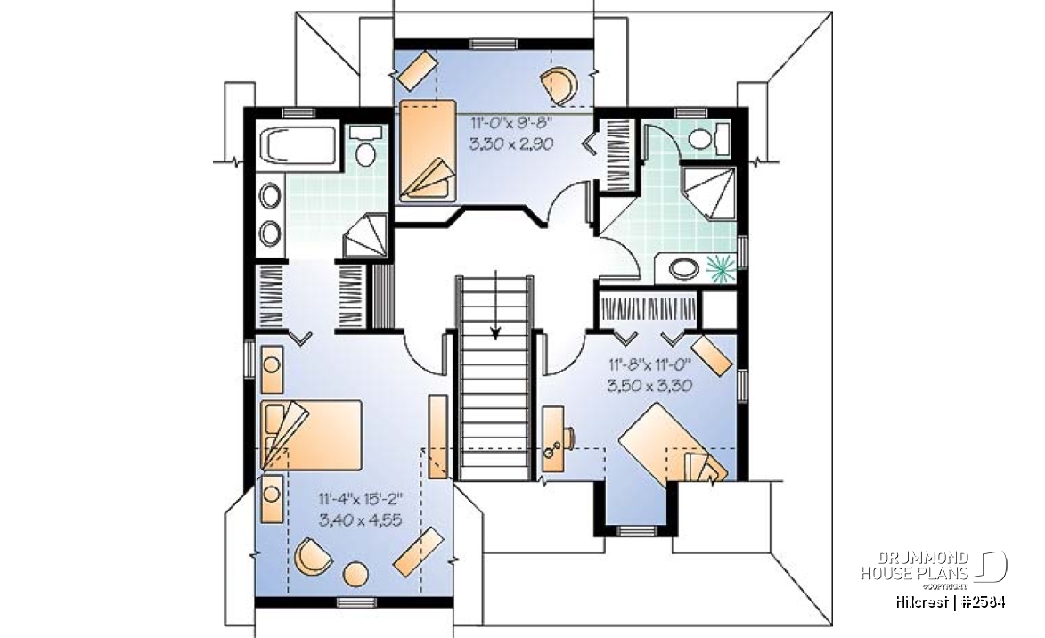 2nd level - Farmhouse home plan, 3 beds, 2.5 baths, wraparound porch and low cost to build - Hillcrest