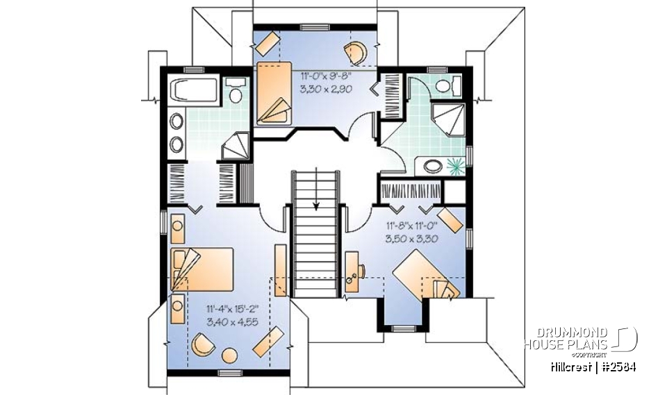 2nd level - Farmhouse home plan, 3 beds, 2.5 baths, wraparound porch and low cost to build - Hillcrest