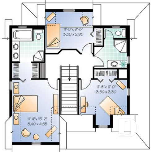 2nd level - Farmhouse home plan, 3 beds, 2.5 baths, wraparound porch and low cost to build - Hillcrest