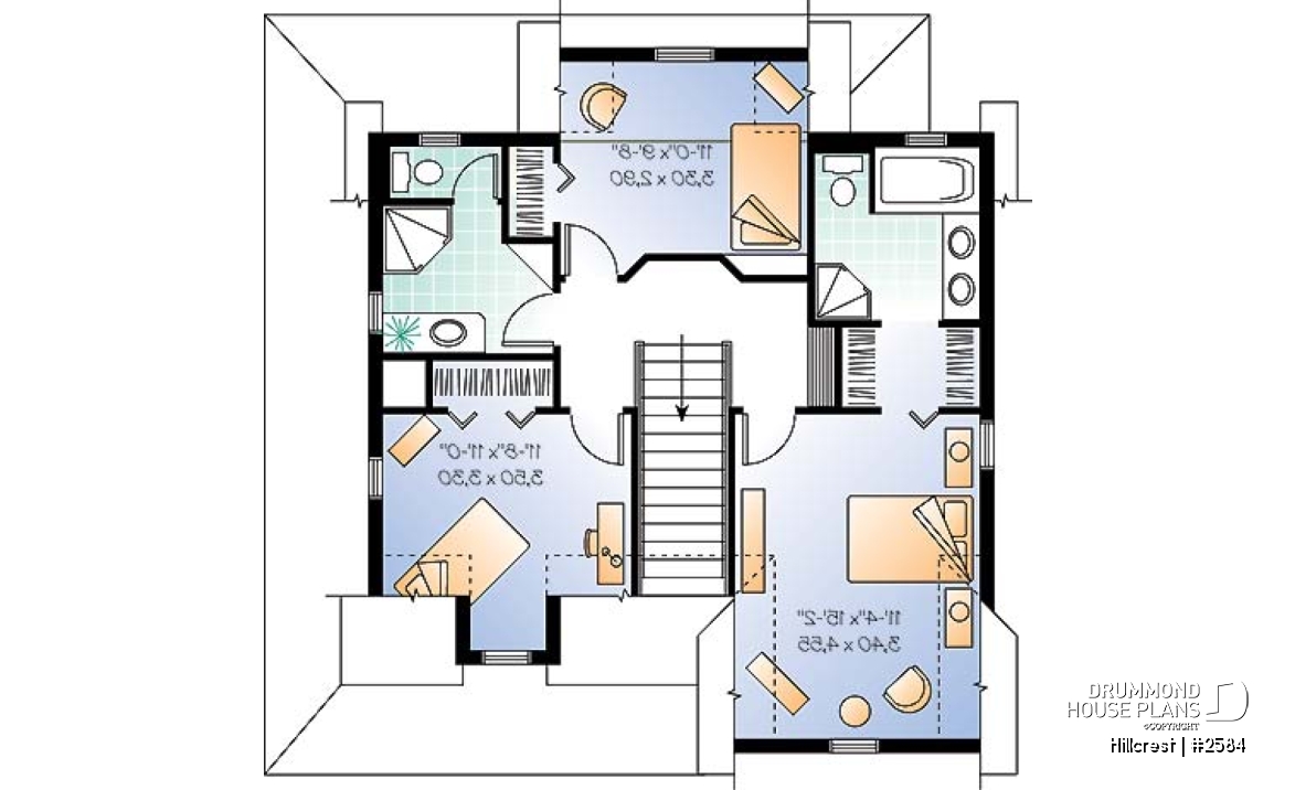 2nd level - Farmhouse home plan, 3 beds, 2.5 baths, wraparound porch and low cost to build - Hillcrest