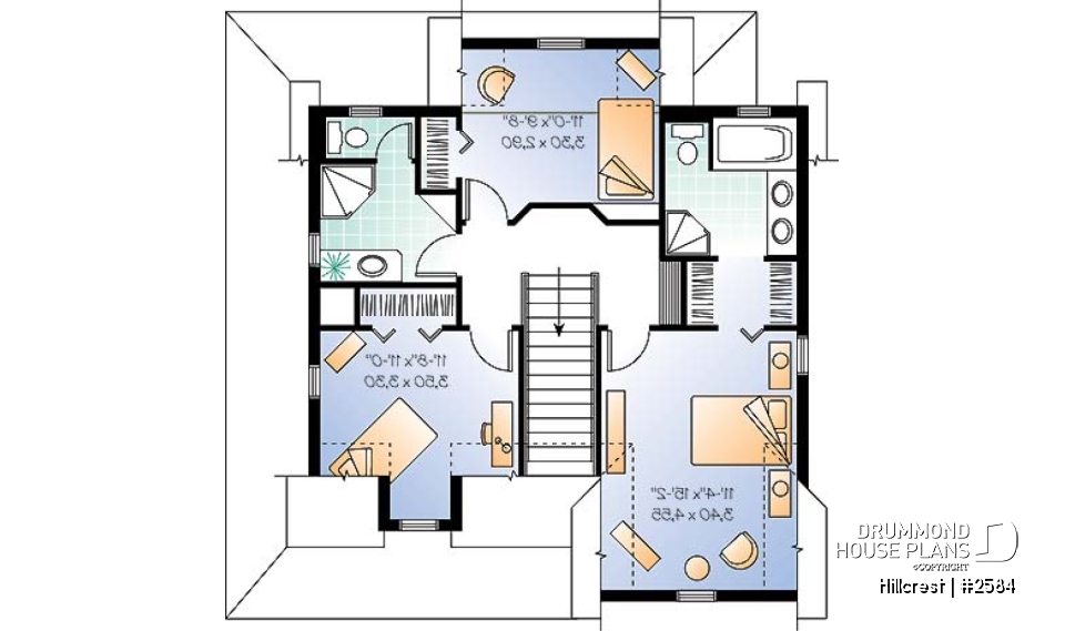 2nd level - Farmhouse home plan, 3 beds, 2.5 baths, wraparound porch and low cost to build - Hillcrest