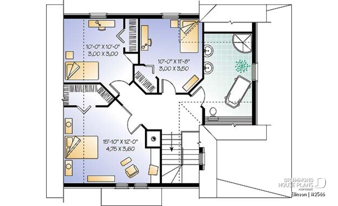 2nd level - 3 bedroom Victorian house plan with laundry on second floor and 2 bathrooms - Ellinson