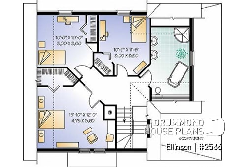 2nd level - 3 bedroom Victorian house plan with laundry on second floor and 2 bathrooms - Ellinson