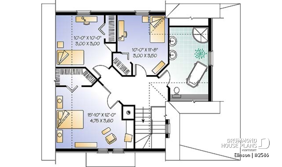 2nd level - 3 bedroom Victorian house plan with laundry on second floor and 2 bathrooms - Ellinson