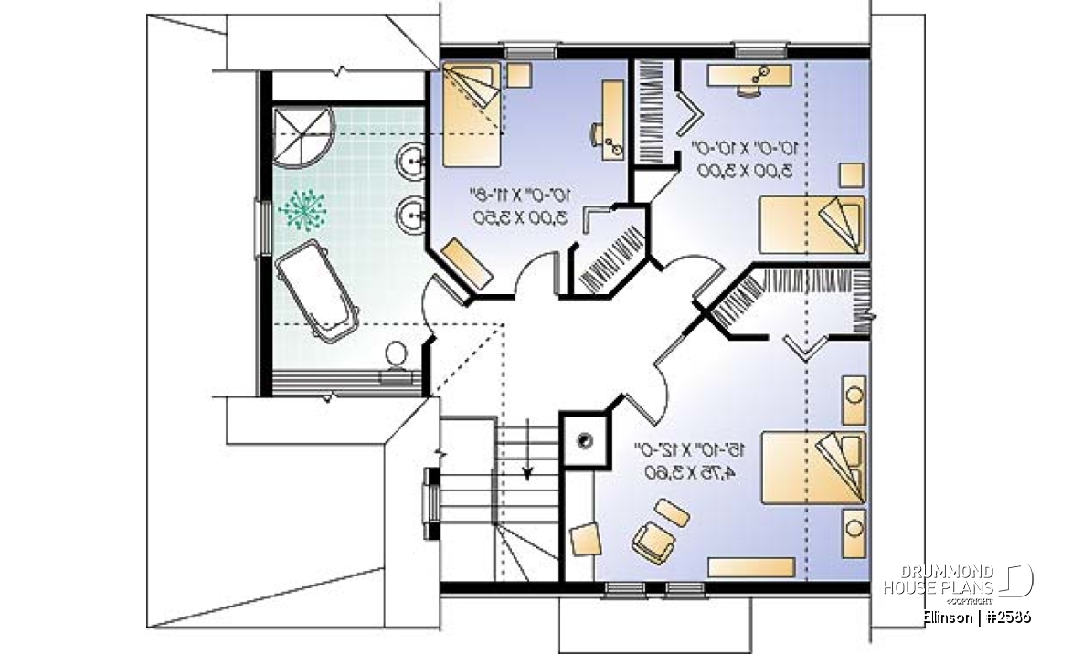 2nd level - 3 bedroom Victorian house plan with laundry on second floor and 2 bathrooms - Ellinson