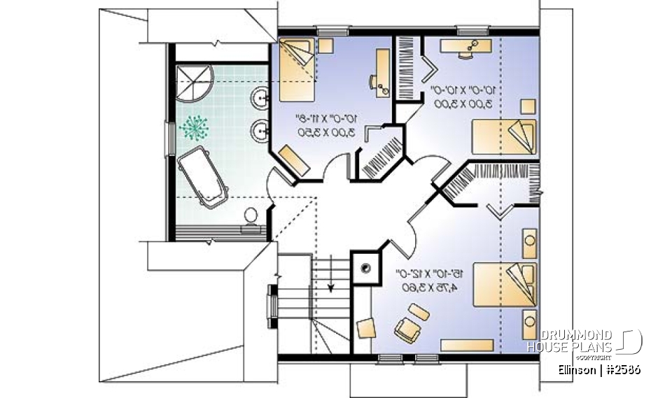 2nd level - 3 bedroom Victorian house plan with laundry on second floor and 2 bathrooms - Ellinson