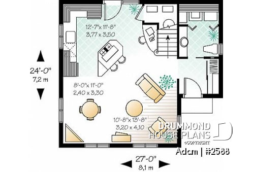 1st level - Farmhouse home design, affordable construction  costs, open plan,  2 bedrooms, laundry room on main - Adam