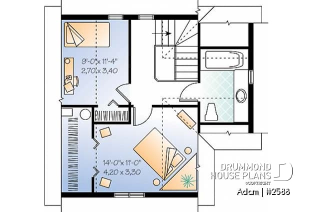2nd level - Farmhouse home design, affordable construction  costs, open plan,  2 bedrooms, laundry room on main - Adam