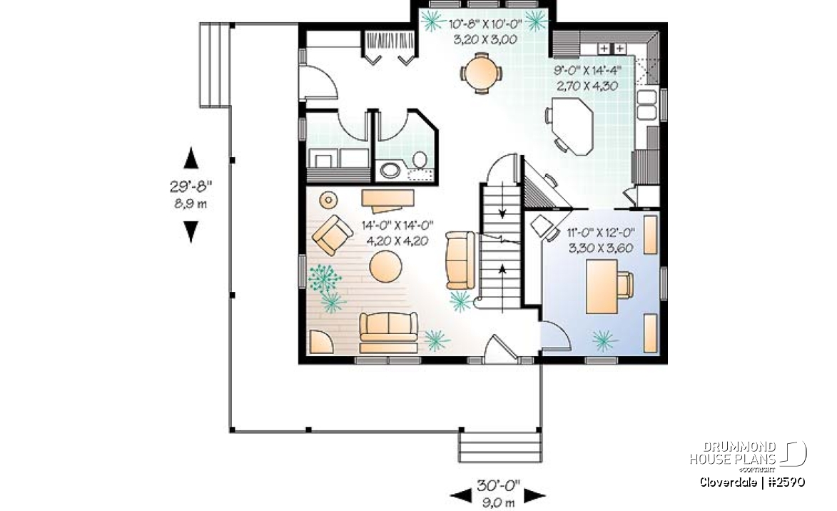 1st level - 3 to 4 bedroom Farmhouse style house plan, wraparound porch, home office, kitchen island - Cloverdale