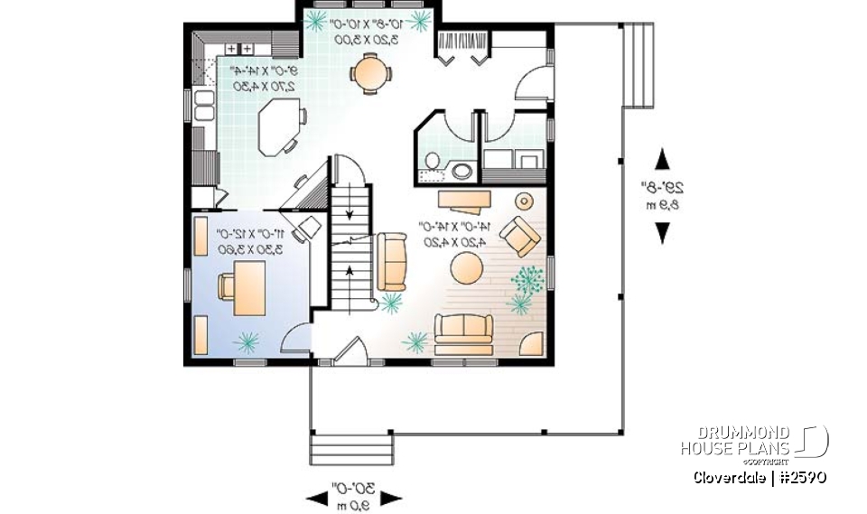 1st level - 3 to 4 bedroom Farmhouse style house plan, wraparound porch, home office, kitchen island - Cloverdale