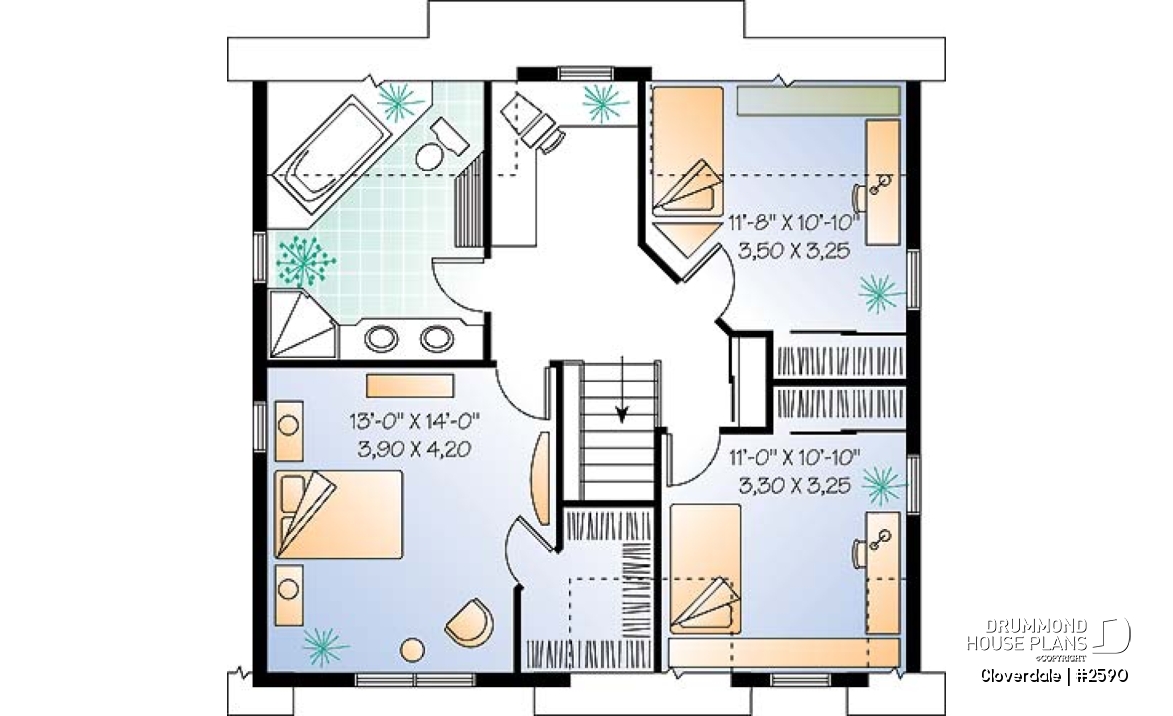 2nd level - 3 to 4 bedroom Farmhouse style house plan, wraparound porch, home office, kitchen island - Cloverdale