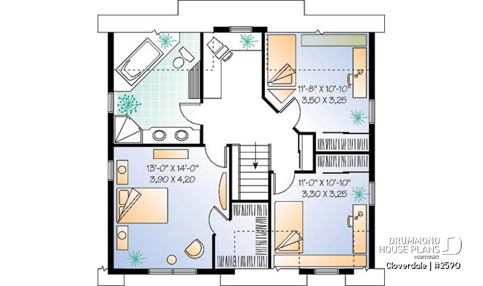 2nd level - 3 to 4 bedroom Farmhouse style house plan, wraparound porch, home office, kitchen island - Cloverdale