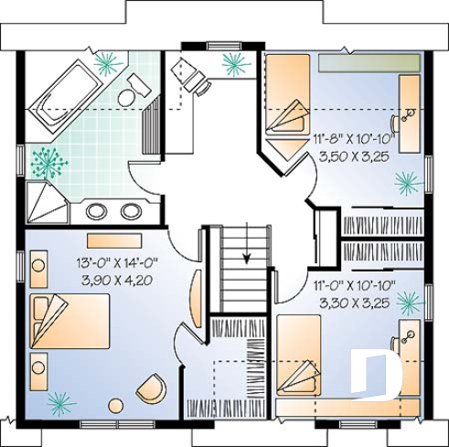 2nd level - 3 to 4 bedroom Farmhouse style house plan, wraparound porch, home office, kitchen island - Cloverdale