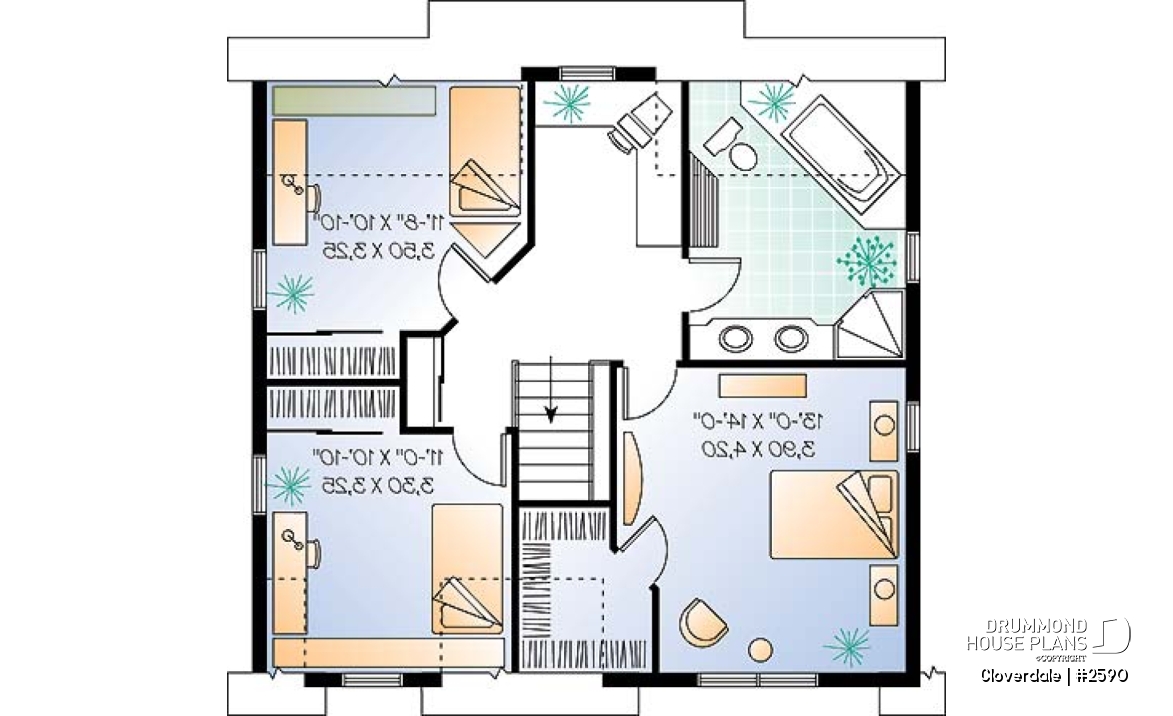 2nd level - 3 to 4 bedroom Farmhouse style house plan, wraparound porch, home office, kitchen island - Cloverdale