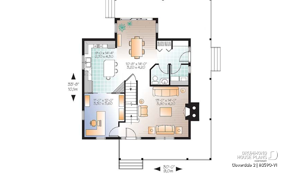 1st level - Country style farmhouse home plan, master suite, home office, fireplace, laundry on main floor - Cloverdale 2