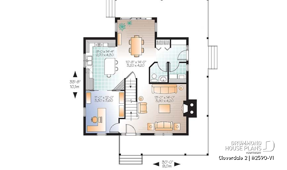 1st level - Country style farmhouse home plan, master suite, home office, fireplace, laundry on main floor - Cloverdale 2