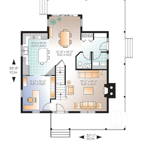 1st level - Country style farmhouse home plan, master suite, home office, fireplace, laundry on main floor - Cloverdale 2