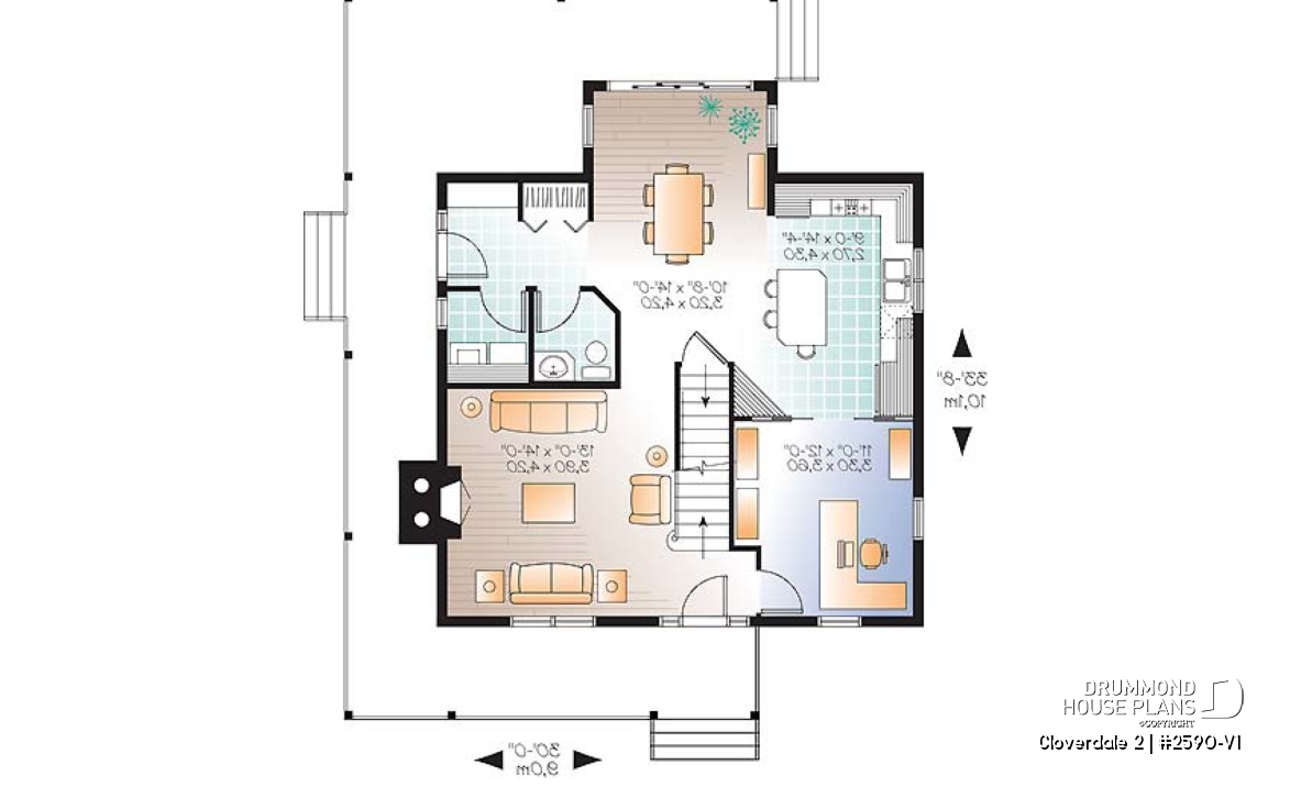 1st level - Country style farmhouse home plan, master suite, home office, fireplace, laundry on main floor - Cloverdale 2