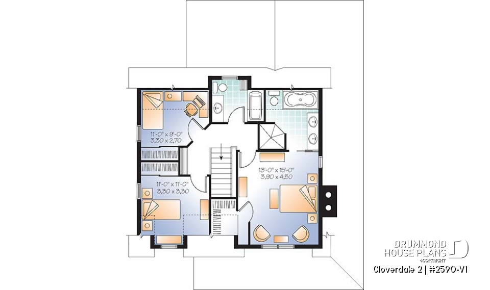 2nd level - Country style farmhouse home plan, master suite, home office, fireplace, laundry on main floor - Cloverdale 2