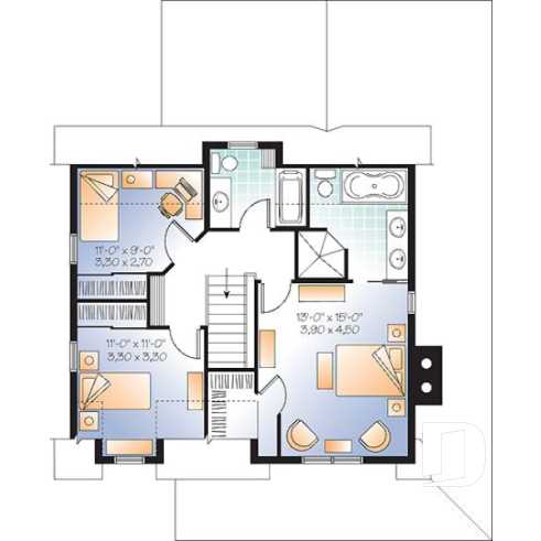 2nd level - Country style farmhouse home plan, master suite, home office, fireplace, laundry on main floor - Cloverdale 2