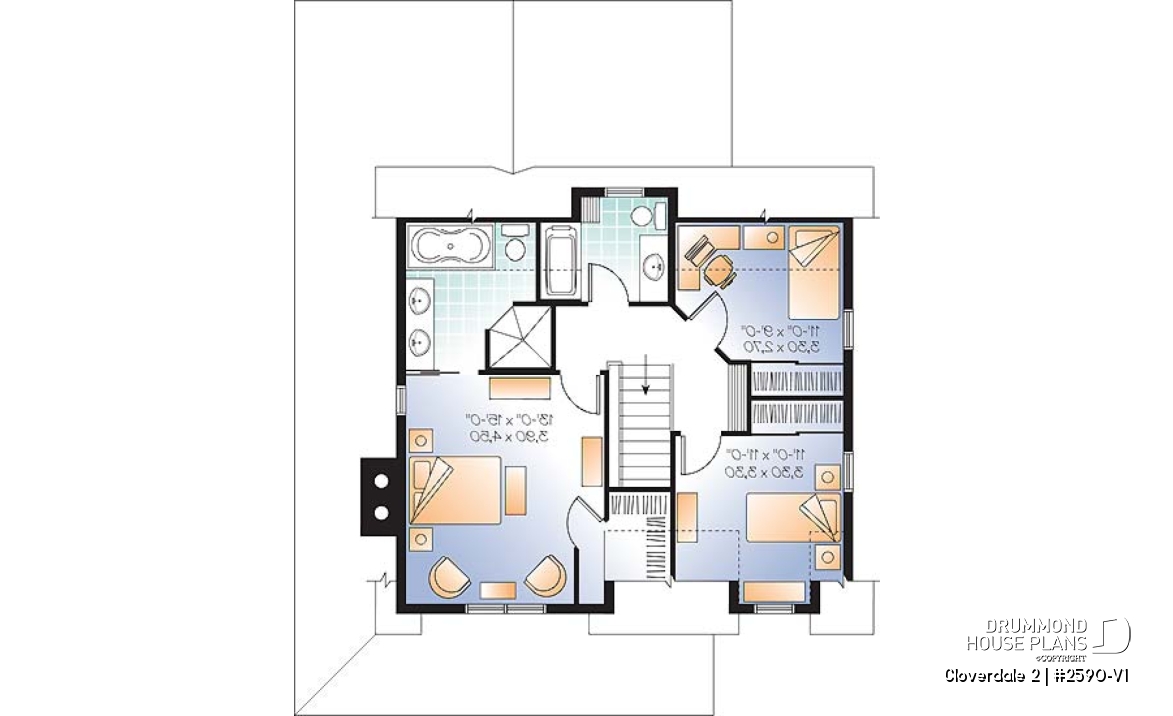 2nd level - Country style farmhouse home plan, master suite, home office, fireplace, laundry on main floor - Cloverdale 2