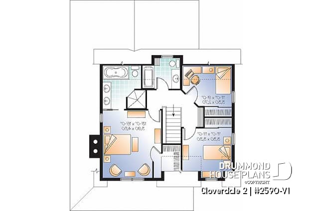 2nd level - Country style farmhouse home plan, master suite, home office, fireplace, laundry on main floor - Cloverdale 2