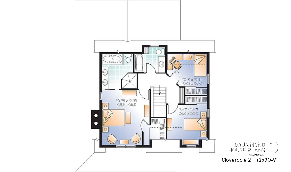2nd level - Country style farmhouse home plan, master suite, home office, fireplace, laundry on main floor - Cloverdale 2