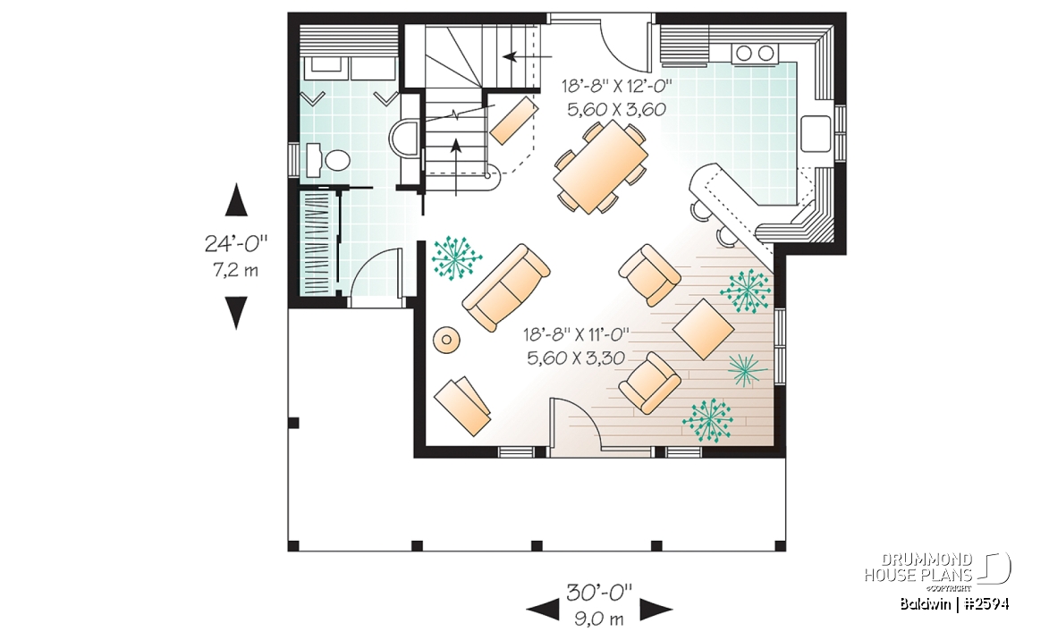 1st level - Small country cabin house plan, 2 bedrooms, laundry facilities on main, french doors, covered porch - Baldwin