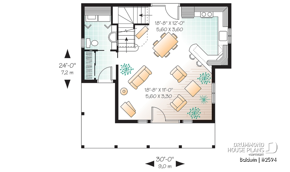 1st level - Small country cabin house plan, 2 bedrooms, laundry facilities on main, french doors, covered porch - Baldwin