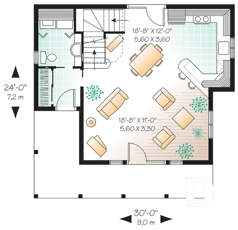 1st level - Small country cabin house plan, 2 bedrooms, laundry facilities on main, french doors, covered porch - Baldwin