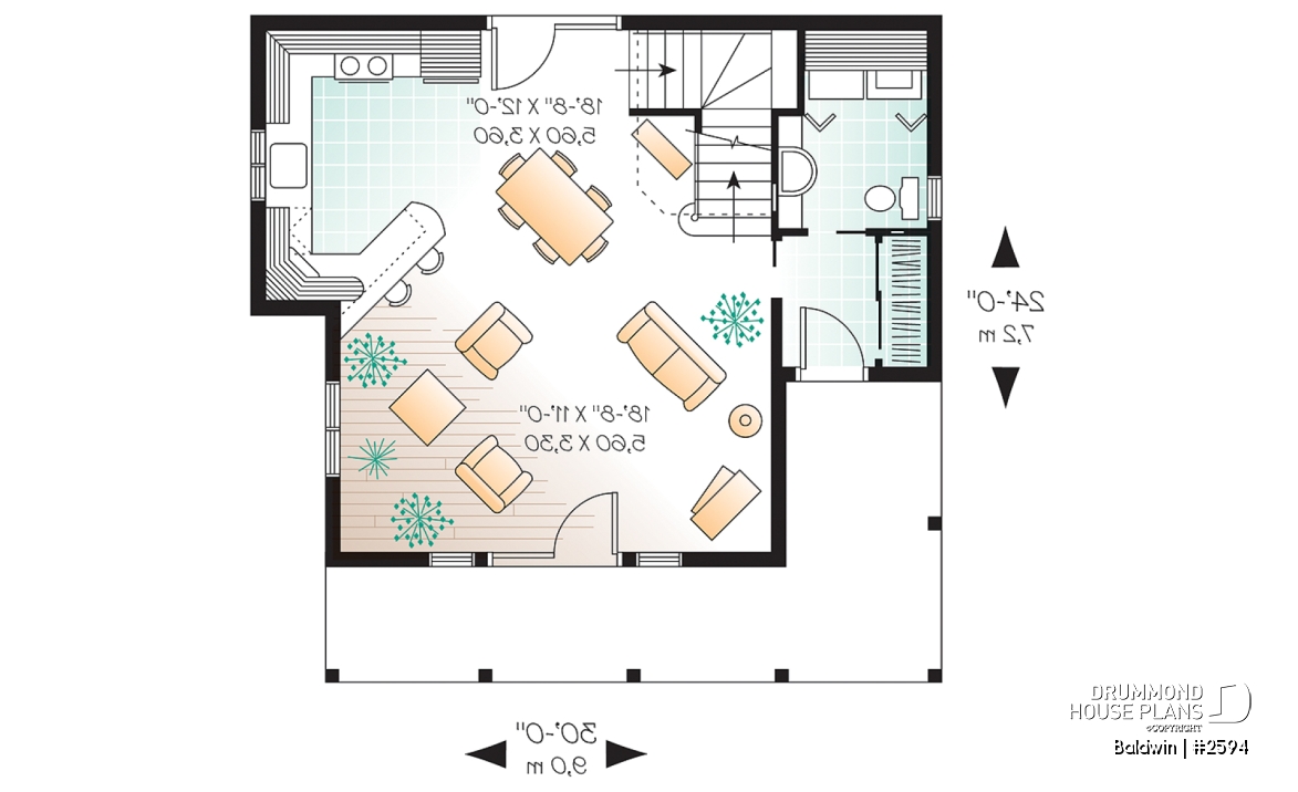 1st level - Small country cabin house plan, 2 bedrooms, laundry facilities on main, french doors, covered porch - Baldwin