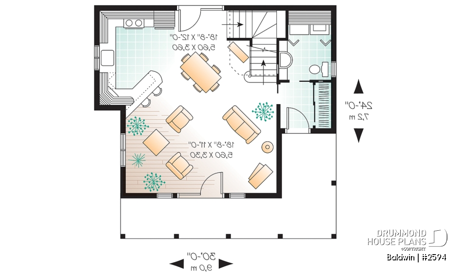 1st level - Small country cabin house plan, 2 bedrooms, laundry facilities on main, french doors, covered porch - Baldwin