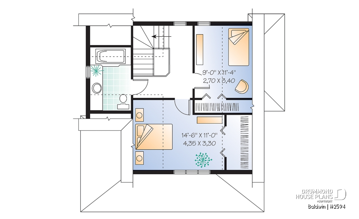 2nd level - Small country cabin house plan, 2 bedrooms, laundry facilities on main, french doors, covered porch - Baldwin