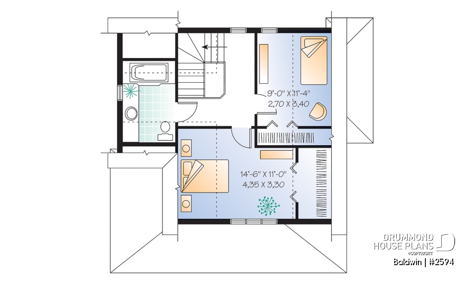 2nd level - Small country cabin house plan, 2 bedrooms, laundry facilities on main, french doors, covered porch - Baldwin
