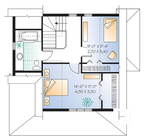 2nd level - Small country cabin house plan, 2 bedrooms, laundry facilities on main, french doors, covered porch - Baldwin