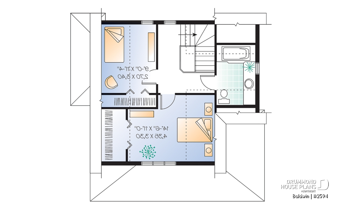 2nd level - Small country cabin house plan, 2 bedrooms, laundry facilities on main, french doors, covered porch - Baldwin