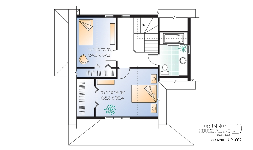 2nd level - Small country cabin house plan, 2 bedrooms, laundry facilities on main, french doors, covered porch - Baldwin