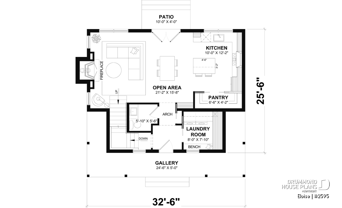 1st level - French Country two-story home with fireplace, large kitchen island and covered front porch - Eloise