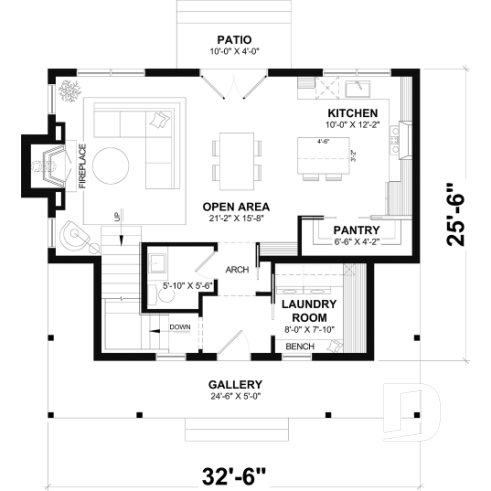 1st level - French Country two-story home with fireplace, large kitchen island and covered front porch - Eloise