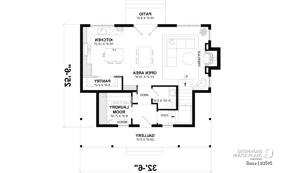 1st level - French Country two-story home with fireplace, large kitchen island and covered front porch - Eloise